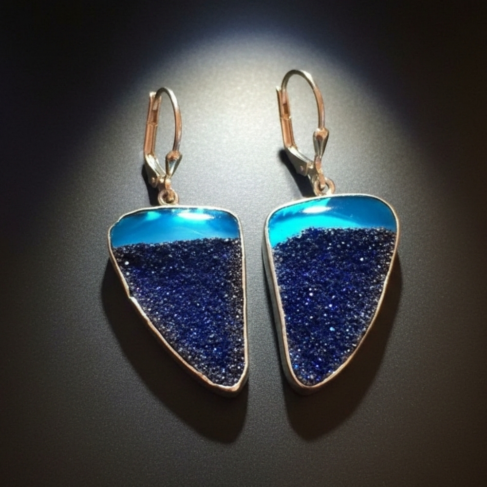 Blue Druzy Sterling Leverback Closure Earrings - Signed MICHAEL